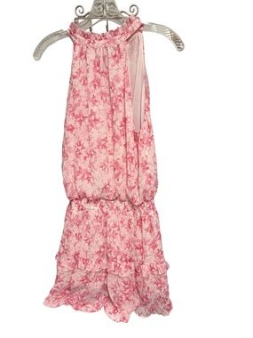 Mustard Seed Women's Medium Pink & White Floral Boho Halter Top Blouson Dress